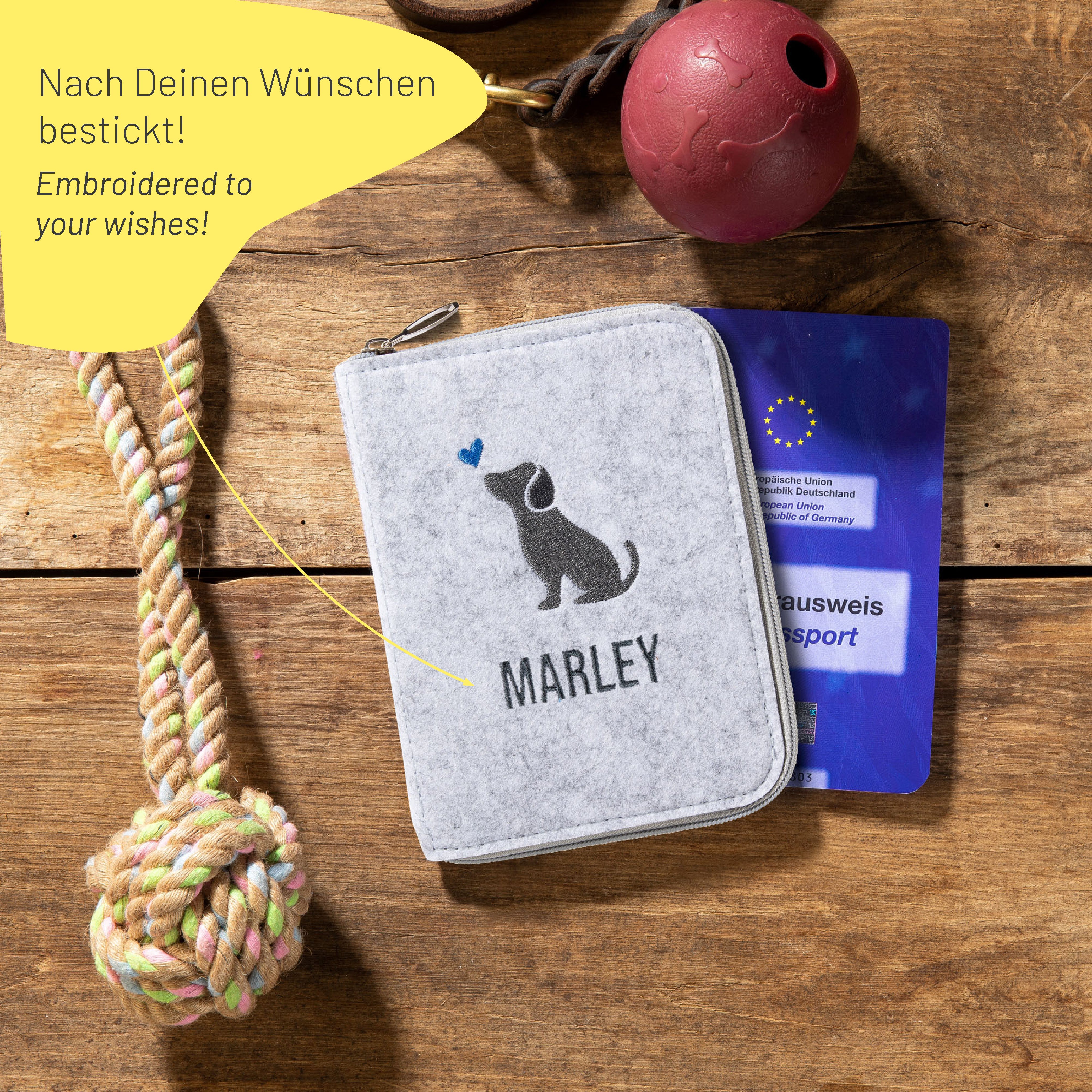Heimtierausweishülle HUND MIT HERZ | Filz mit Reißverschluss